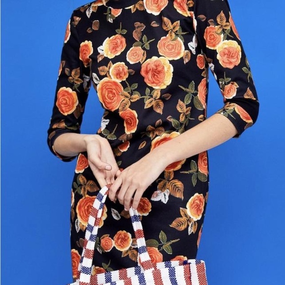 ZARA Black Orange Floral Midi Bodycon Dress, S - Picture 3 of 7